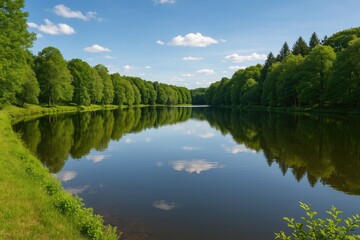 Tranquil Waters of a Still Lake in a Rural Area