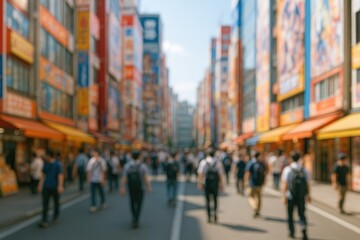 Blurred scene of visitors exploring a vibrant shopping district filled with anime and manga merchandise on a bright sunny day with stores open for shoppers
