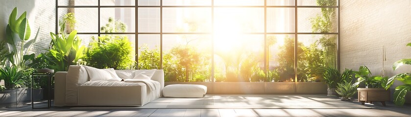 Fototapeta premium Modern interior living room with lush greenery and sunshine pouring through