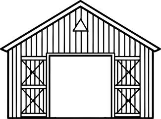 Traditional barn structure outline with large central doors and triangular roof, agricultural building illustration