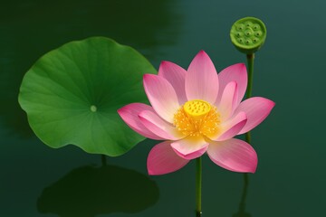 Summer scene featuring the initial lotus blossom, leaf, and seed