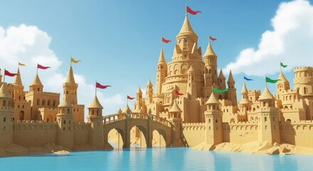 Sandcastle Fortress with Multiple Towers and Flags on Beach in Bright Sunny Day