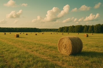 Sunny rural scene featuring stacked hay bales in a field