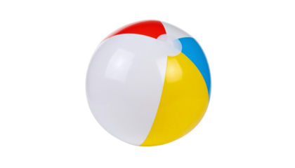 A colorful inflatable beach ball with red, blue, yellow, orange, and white segments isolated on solid white background Png form