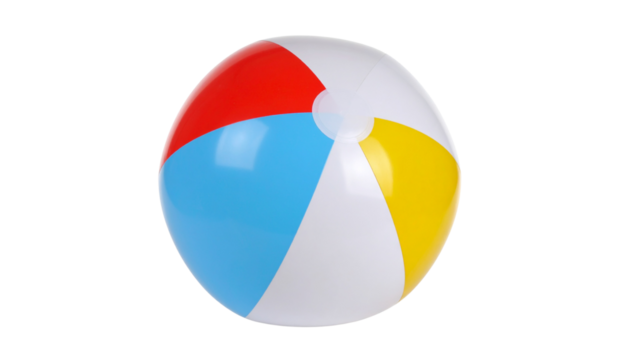 A colorful inflatable beach ball with red, blue, yellow, orange, and white segments isolated on solid white background in Png