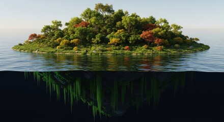 Lush Green Forested Island Surrounded by Calm Water with Subsurface Vegetation and Rock Formations