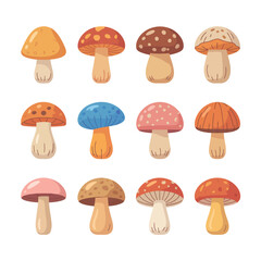 Collection of twelve colorful and whimsical cartoon mushrooms on a white background