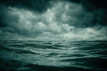 Fototapeta premium A turbulent sea under a menacing sky. Dark, ominous clouds fill the sky, heavy rain falling on choppy waves. Small boats are visible on the water's surface