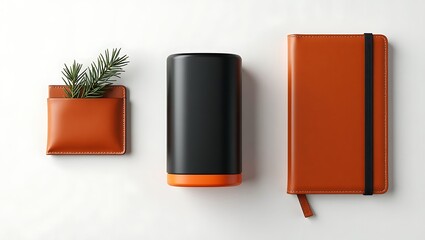 Orange leather notebook and accessories arranged neatly on a white background