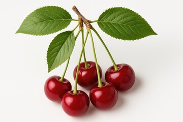 Cherry branch featuring berries on a plain white backdrop