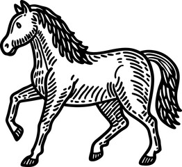 Obraz premium Hand drawn horse illustration black and white sketch, detailed walking animal with mane, etching drawing