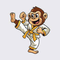Cute cartoon Gorilla in a karate uniform performs a high kick martial arts character illustration