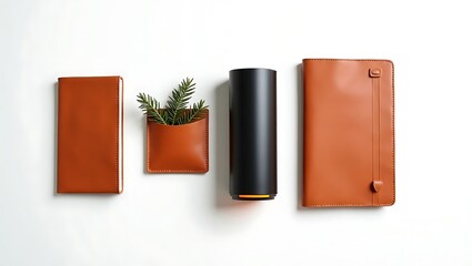 Elegant leather accessories and a modern black cylinder device on white