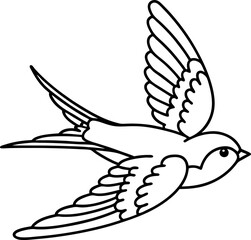 Obraz premium Swallow bird in flight outline simple black and white illustration, elegant wings spread, graceful flying avian design