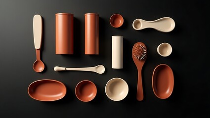 A variety of kitchen tools and serving ware neatly arranged on black
