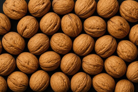 Close-up of shelled walnuts on a dark surface with a background of whole walnuts, showcasing healthy nuts and seeds