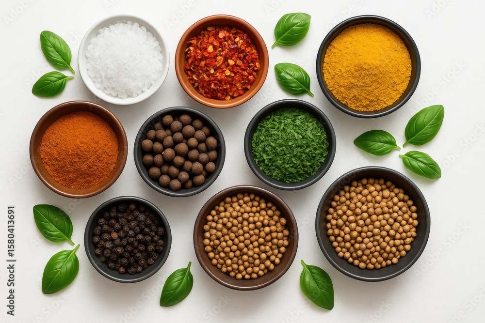Poster assorted dry spice collection arranged in small bowls on a white surface from an overhead perspectiv
