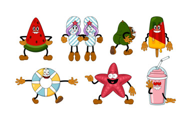 Retro Comic Stickers Set. Summer Funny Cartoon Characters with Gloved Hands, Doodle Faces, Vintage Comic Style Icons and Elements for Posters, Prints, Travel and Holiday Design