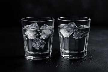 Two gin glasses against a dark backdrop in monochrome with selective focus