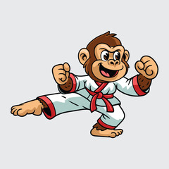 A cheerful cartoon gorilla in a red belt karate uniform, performing a powerful side kick with energetic expression