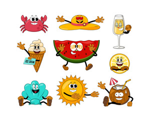Retro Comic Stickers Set. Summer Funny Cartoon Characters with Gloved Hands, Doodle Faces, Vintage Comic Style Icons and Elements for Posters, Prints, Travel and Holiday Design