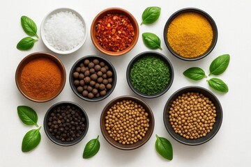 Assorted dry spice collection arranged in small bowls on a white surface from an overhead perspective with empty space for text