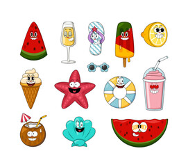 Retro Comic Stickers Set. Summer Funny Cartoon Characters with funny faces, Doodle Faces, Vintage Comic Style Icons and Elements for Posters, Prints, Travel and Holiday Design