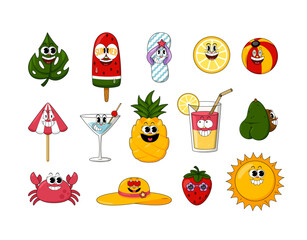 Retro Comic Stickers Set. Summer Funny Cartoon Characters with funny faces, Doodle Faces, Vintage Comic Style Icons and Elements for Posters, Prints, Travel and Holiday Design