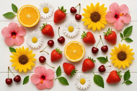 Summer-themed photography featuring fruits and flowers on a white background - Powered by Adobe