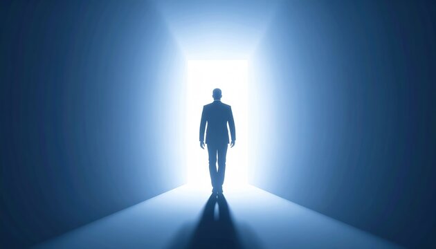 Full length silhouette of a suited person walking away into an illuminated bright white opening