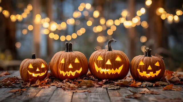 Glowing Halloween pumpkins with carved faces on wooden table with autumn leaves and festive lights at night
