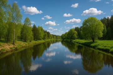 Fototapeta premium Sunny Day Water Scene featuring a Spring River in a Central Russian National Park