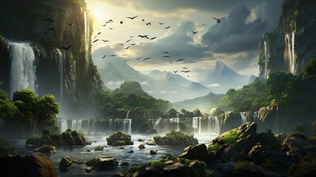 Birds soar above cascading waterfal