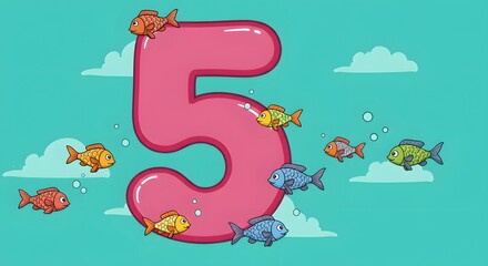 Colorful Fish Swimming Around The Number Five In A Playful Underwater Scene