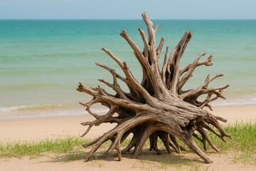 Fototapeta premium A weathered driftwood root found along a coastal shoreline