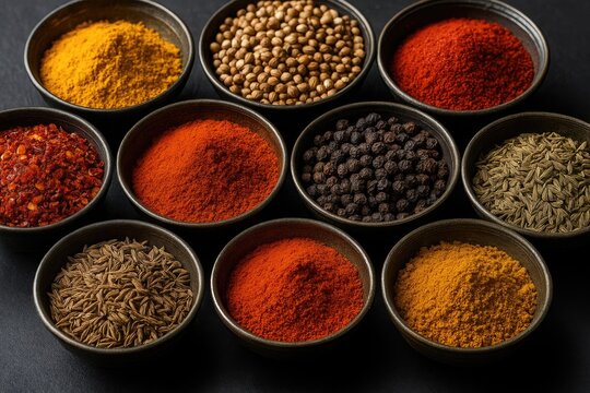 Assorted fragrant spices displayed in antique metal bowls