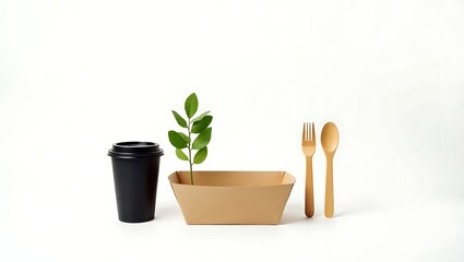 Ecofriendly disposable coffee cup, plant, and cutlery isolated on white background