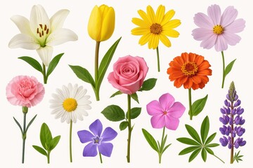Close-up of diverse spring and summer blossoms on a white background