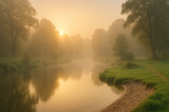 Early morning fog over the Grabia River in central Poland