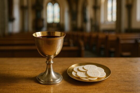 Inside a church: a square frame showcasing communion wine and wafers