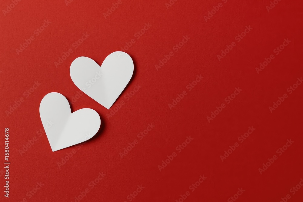 Poster two white paper hearts on a red background with empty space for text