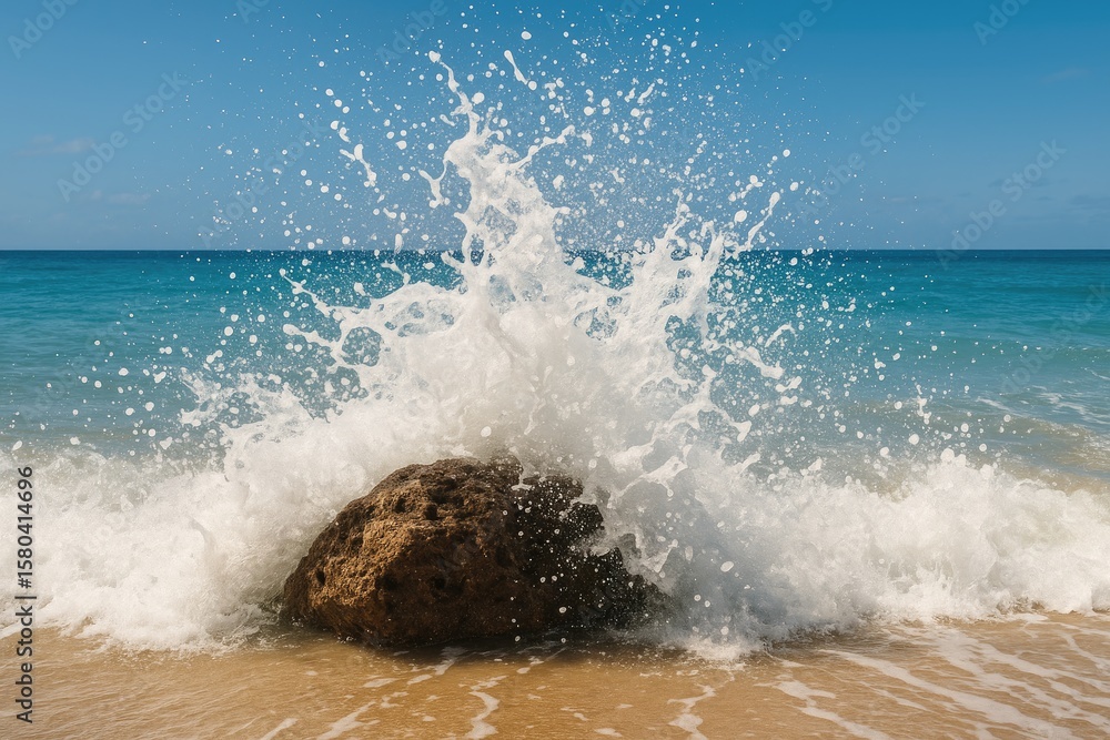 Poster a large wave crashes against a rock, creating numerous spray patterns.