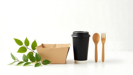 Ecofriendly food box and coffee cup with wooden cutlery and leaves