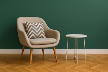 Elegant lounge chair with cushion beside a vibrant wall in a cozy space