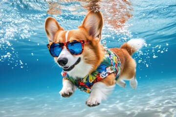 A Corgi dog wearing sunglasses and a colorful shirt swims underwater in a clear blue pool, enjoying a refreshing summer dip.