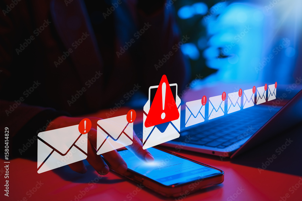 Poster email security threat notification and spam warning concept. person using phone with warning and ema