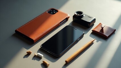 A flat lay of essential business accessories including a phone, case, camera, and pen