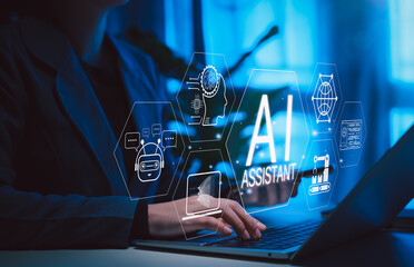 AI Virtual Assistant Technology and Automation Concept. Person working on laptop with AI assistant...