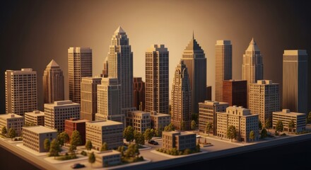 Obraz premium Miniature Urban Cityscape Model with Tall Skyscrapers and Trees in Warm Lighting
