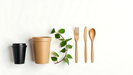 Disposable coffee cups and wooden cutlery arranged with green leaves